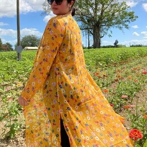 Gold floral lurex long duster cardigan coverup